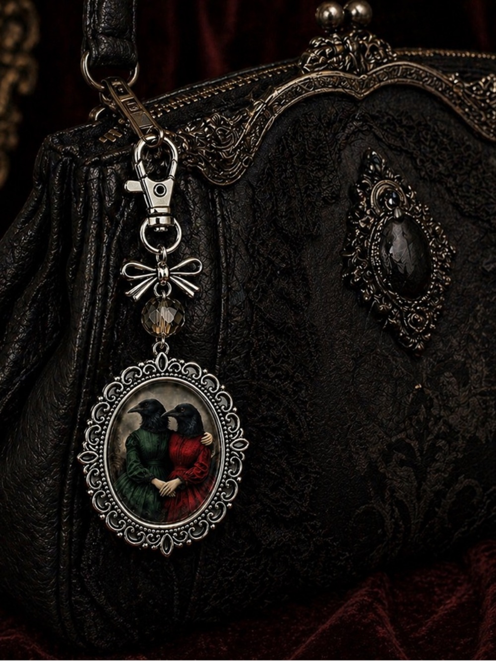 Victorian Raven Lovers Purse Charm Gothic Keychain Silver Relic